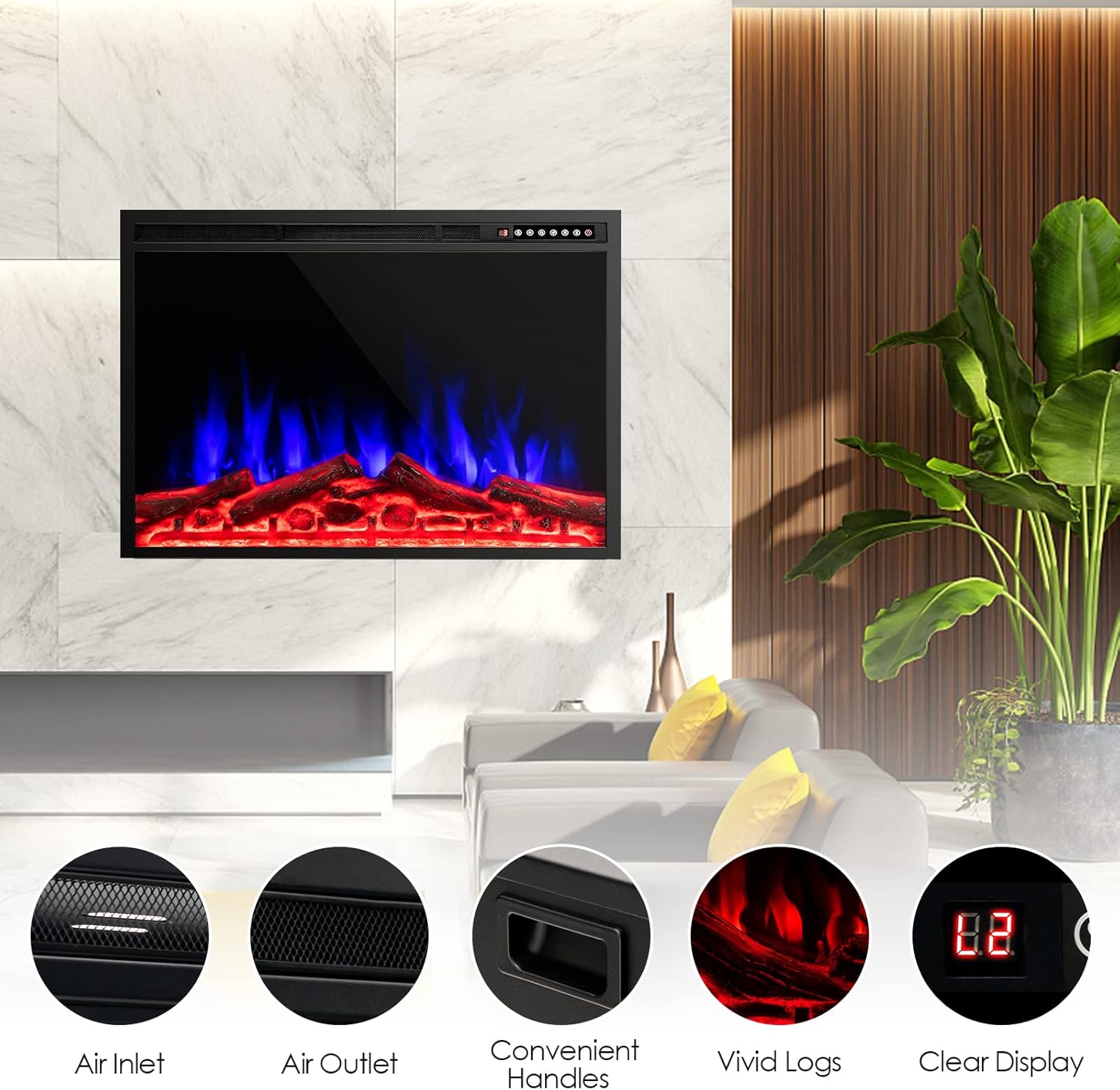 GOFLAME 37 Inch Electric Fireplace Insert, Freestanding & Recessed Ultra Thin Electric Fireplace with 5100 BTU Heat Output, 4 Flame Bed & Flame Colors, Remote Control, Overheat Protection, 750W/1500W