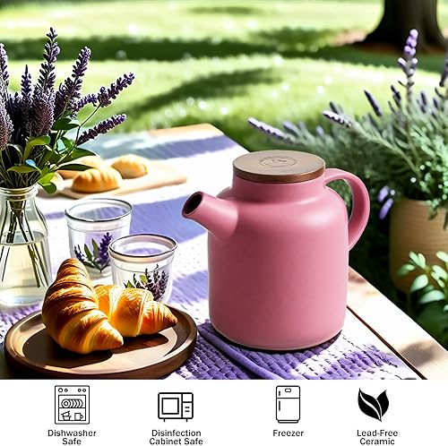 Miniatura 5 de Yundu Tetera de cerámica de 50.7 fl oz  50 onzas con infusor y tapa de madera, morado mate, tetera de hojas sueltas con colador extraíble, gran