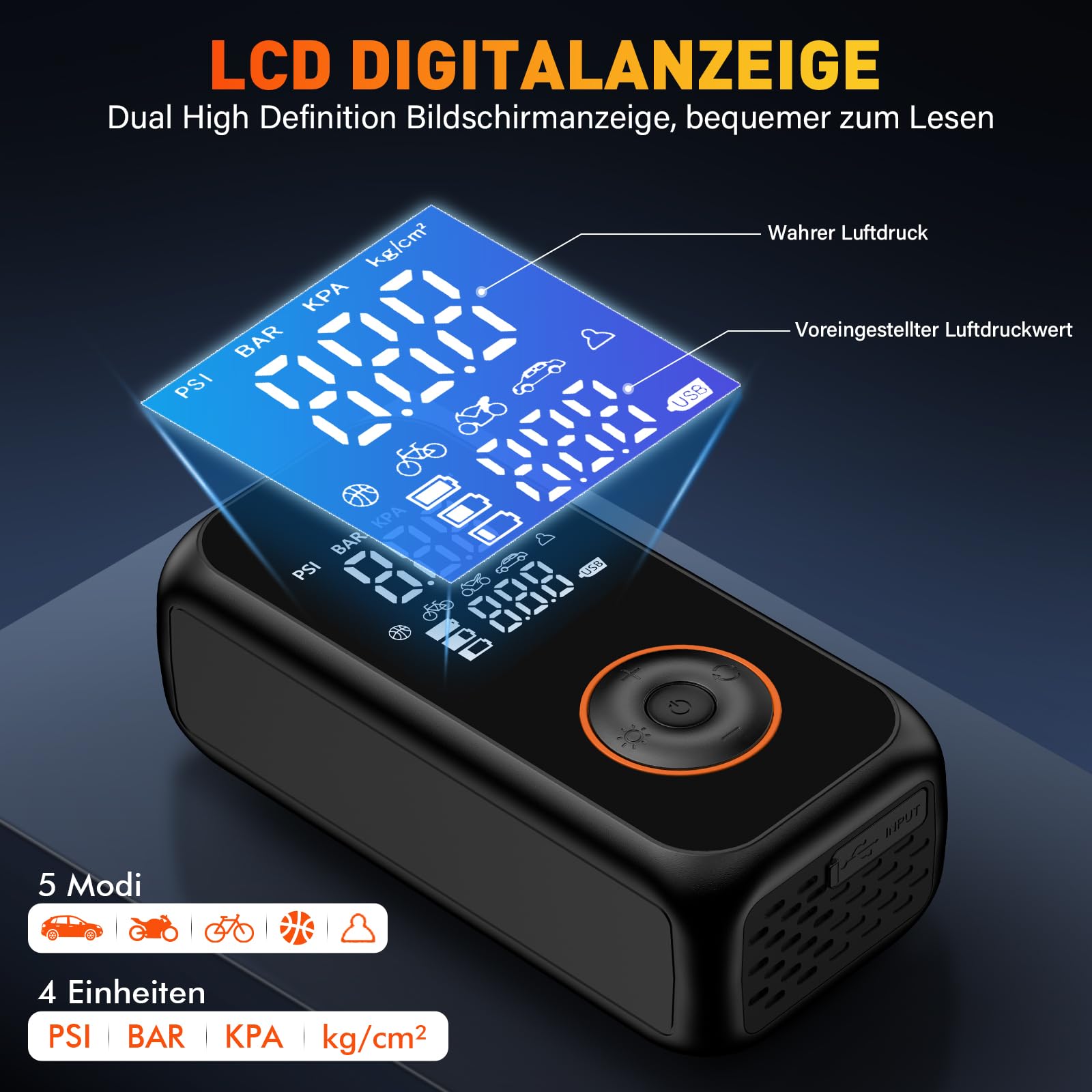 Onherm Compresseur à Air Portatif, 6000mAh Gonfleur Pneus Voiture sans Fil, Electrique Pompe mit écran LCD Numérique,150PSI, Type-C Charge avec Lampe LED pour Voiture, Moto, Vélo, Balle