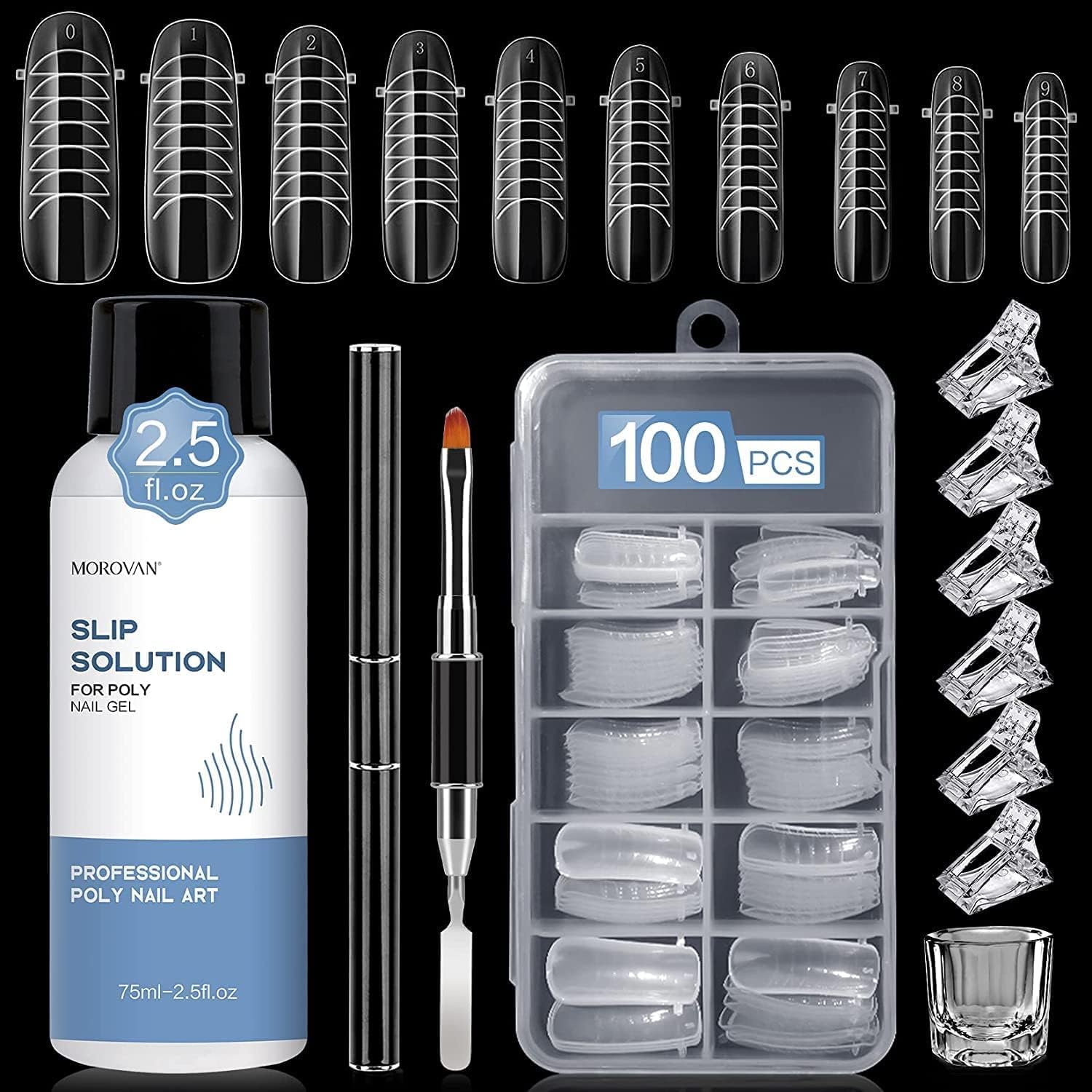 Morovan Nail Slip Solution Kit: 2.5 OZ Anti‑Stick Gel Liquid for PolyGel Nails with Dual‑Ended Brush & Nail Forms Ideal Easy Spread for Beginners