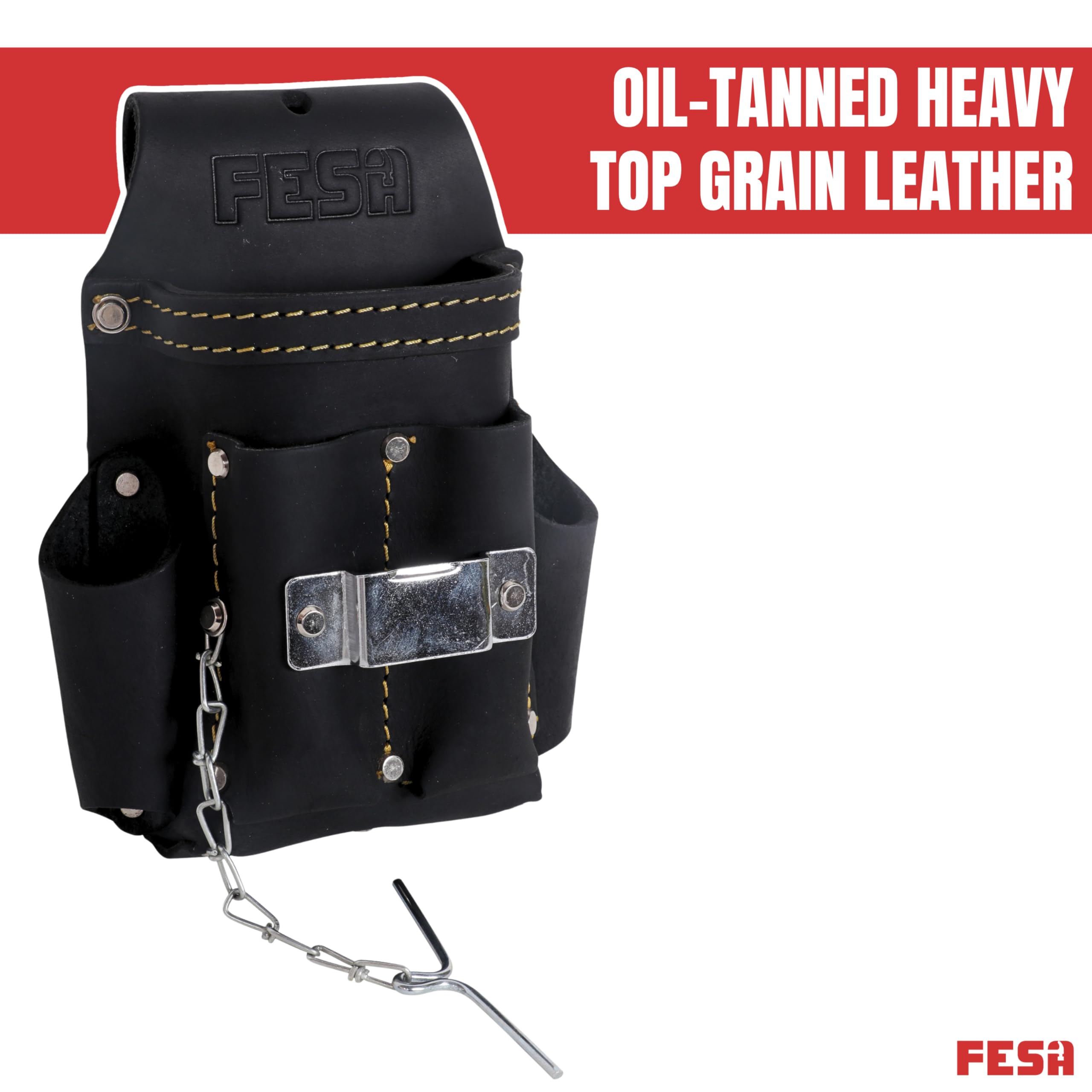 FESA Piccola borsa per attrezzi da elettricista, in pelle, 7 in 1, con metro a nastro in acciaio o clip per trapano, catena a T e 5 tasche, clip su qualsiasi cintura, realizzata a mano