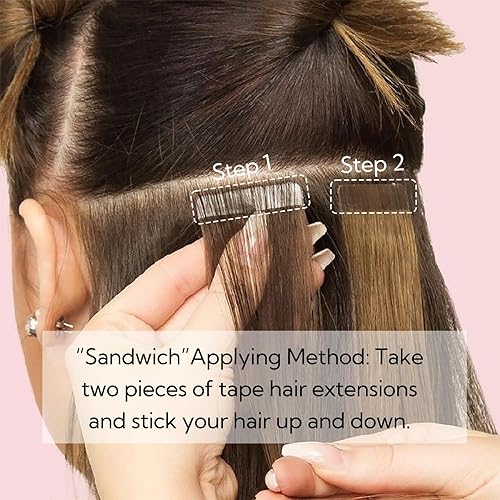 Miniatura 6 de HOTBANANA Extensiones de cabello con cinta, 16 pulgadas, 20 unidades, 1.71 onzas, color marrón oscuro, mezcladas con marrón medio, extensiones de