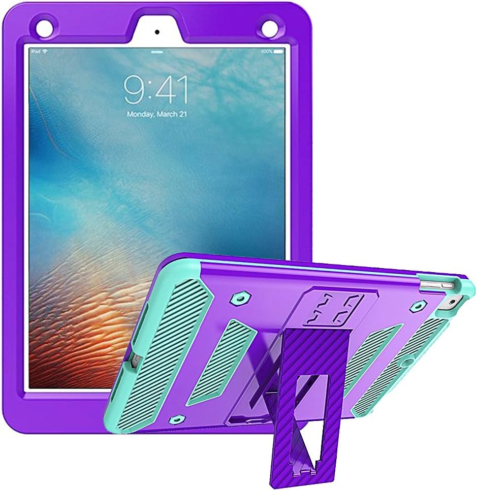 NEO-Armor iPad 9.7 (2018/2017 Model), iPad Pro 9.7, iPad Air 2 Case, Heavy Duty Three-Layer Hybrid Shockproof Full Body Protective Cover with Kickstand - Purple Teal