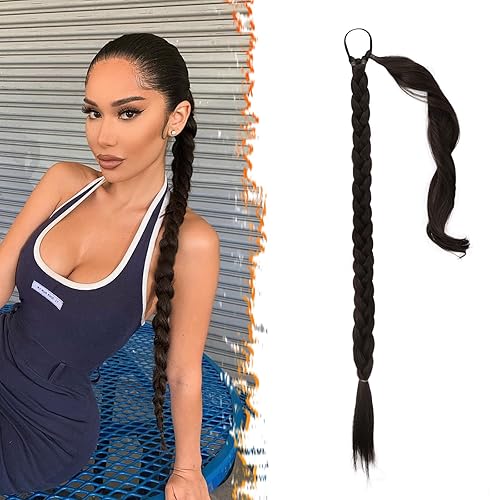 Miniatura 172 de BARSDAR 30 Inch Long Braided Ponytail Extension with Hair Tie - Straight Sleek Wrap Around Brown Braided Ponytail Hair Extensions - Synthetic Pony
