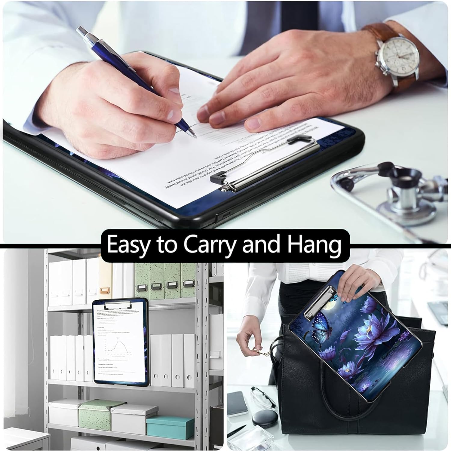 Clipboard with Storage,High Capacity Clipboards 9.4 x 13.4 with Clip,Plastic Clipboard for Women Teachers Work, School & Office Supplies-Purple Flower Butterfly