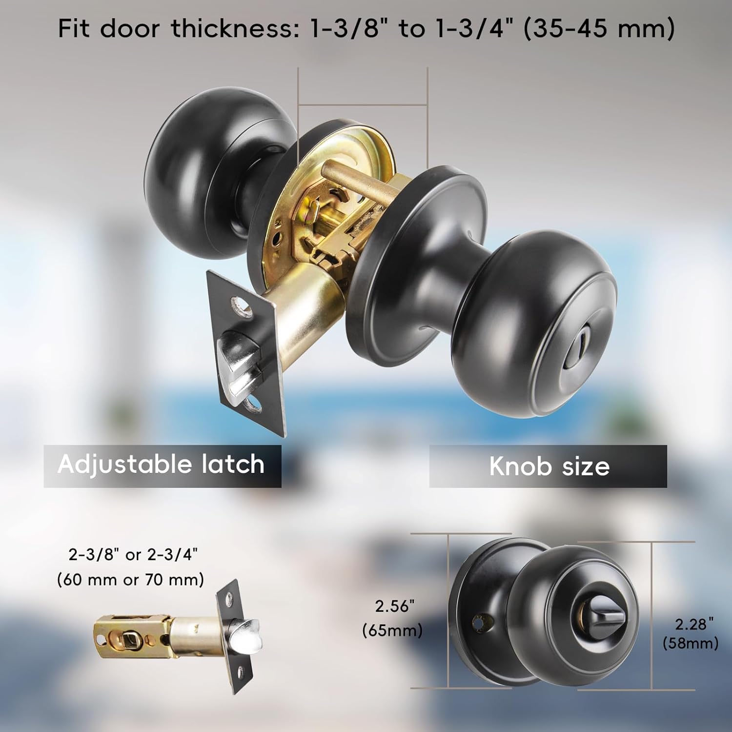 3 Pack Black Door Knobs Interior Keyless, Door Knobs for Bathroom & Bedroom, Matte Black Privacy Door Knob