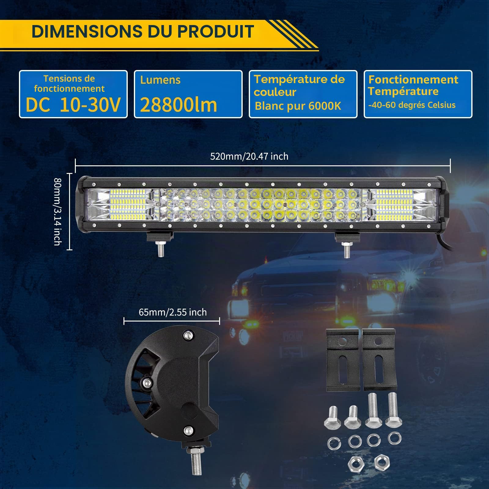 Willpower Barre lumineuse LED de 50,8 cm – 28 800 lm 12 V – Feux tout-terrain avec faisceau de câblage – Feux de brouillard pour camion, voiture, VTT, SUV