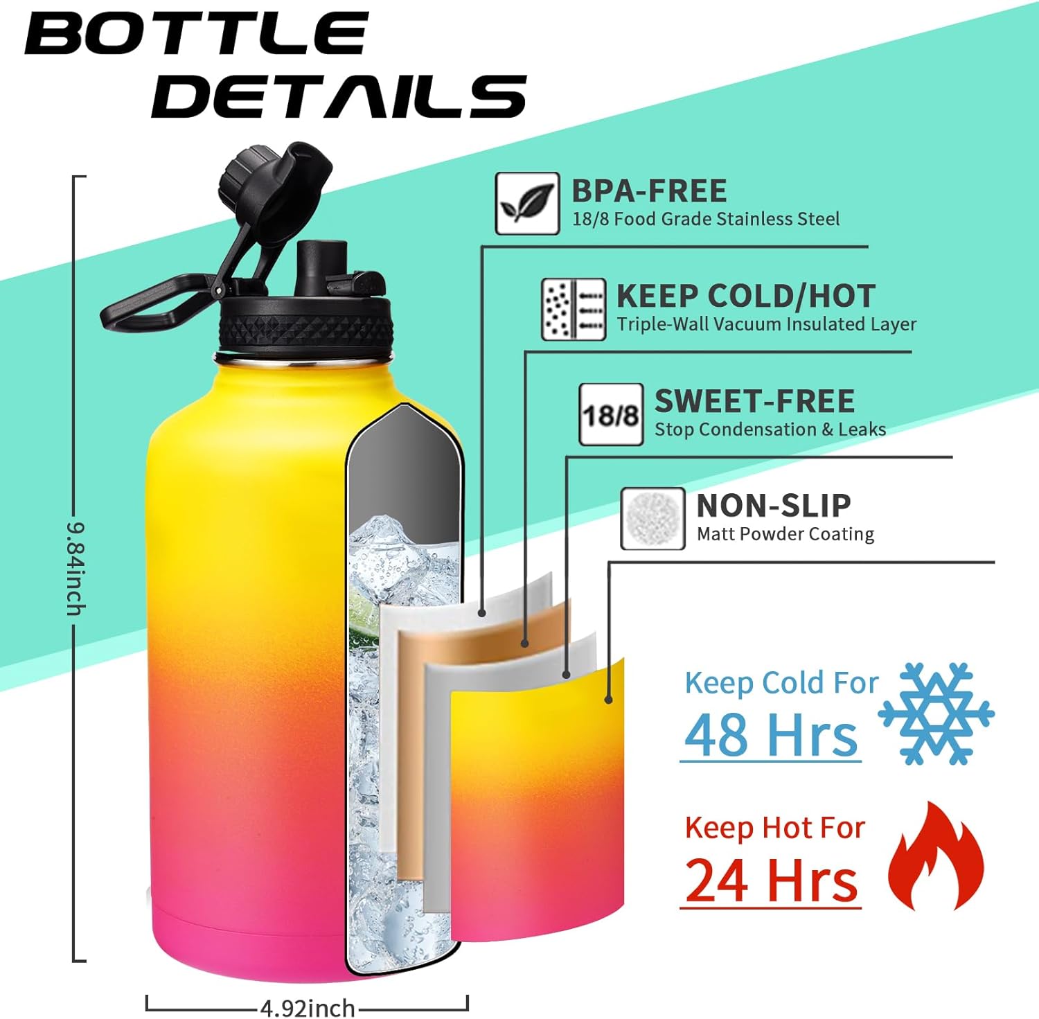 64oz Water Bottle Stainless Steel - with Paracord Handle, Straw & Auto Spout Lids, Shoulder Carrier Bag & Insulated Bottle Protective Boot, Sweat-Proof Half Gallon Metal Insulated Flask Wide-mouth - Image 4