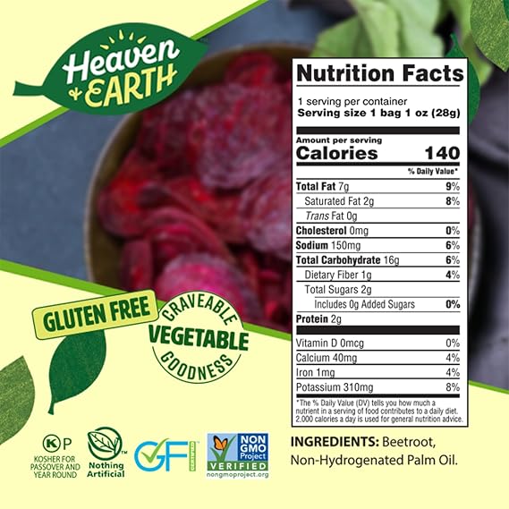 Heaven & Earth Beet Chips 1oz (6 Pack) Crisp and Delicious | Gluten Free | Certified Kosher (including Passover)
