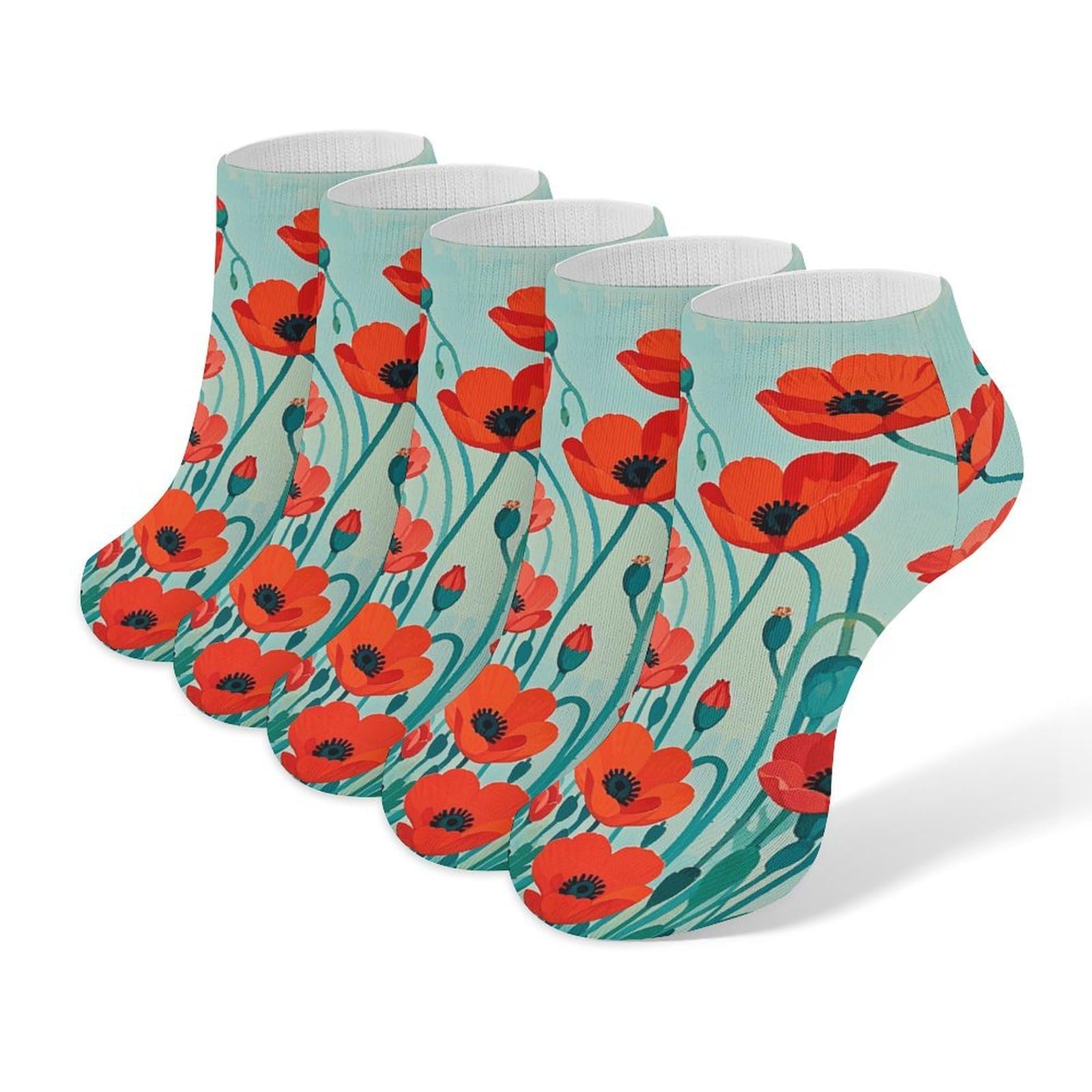 Fwjzdsp Unisex As Pic 5 Pairs Of Cotton Ankle Socks For Women Men Poppy Flowers Print Low Cut Socks For Running Hiking No Show Athletic Sock
