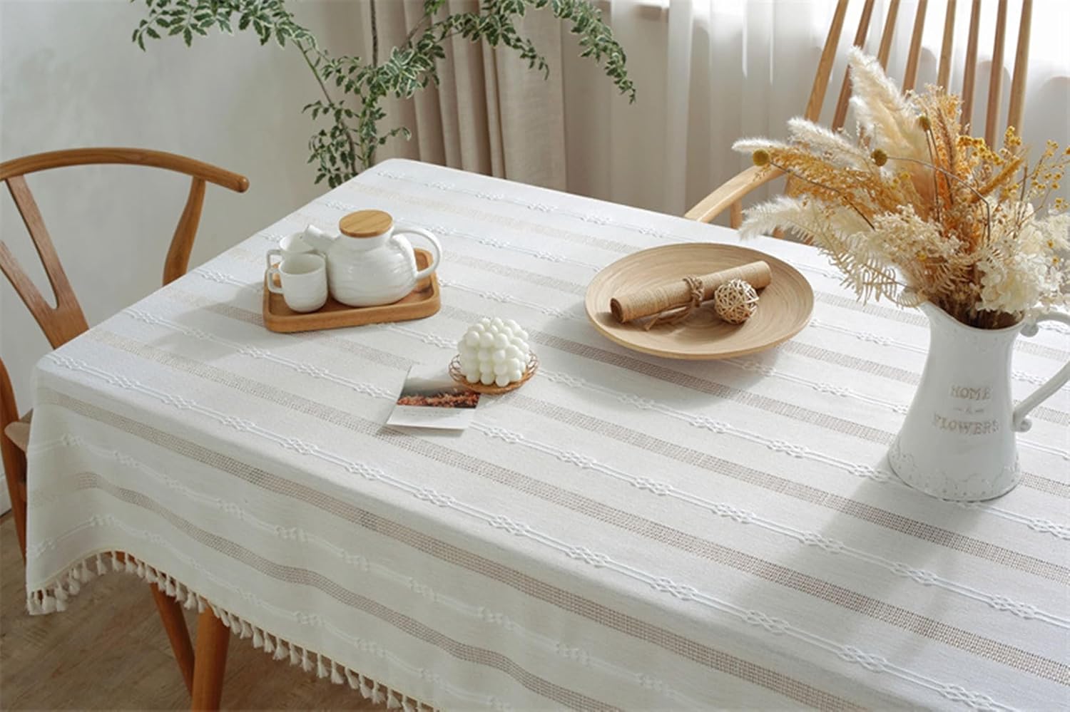 Rectangular Table Clothes for Wedding 55 W x 102 L,Tablecloths Outdoors White Stripes with Tassels Polyester Banquet Tablecloth