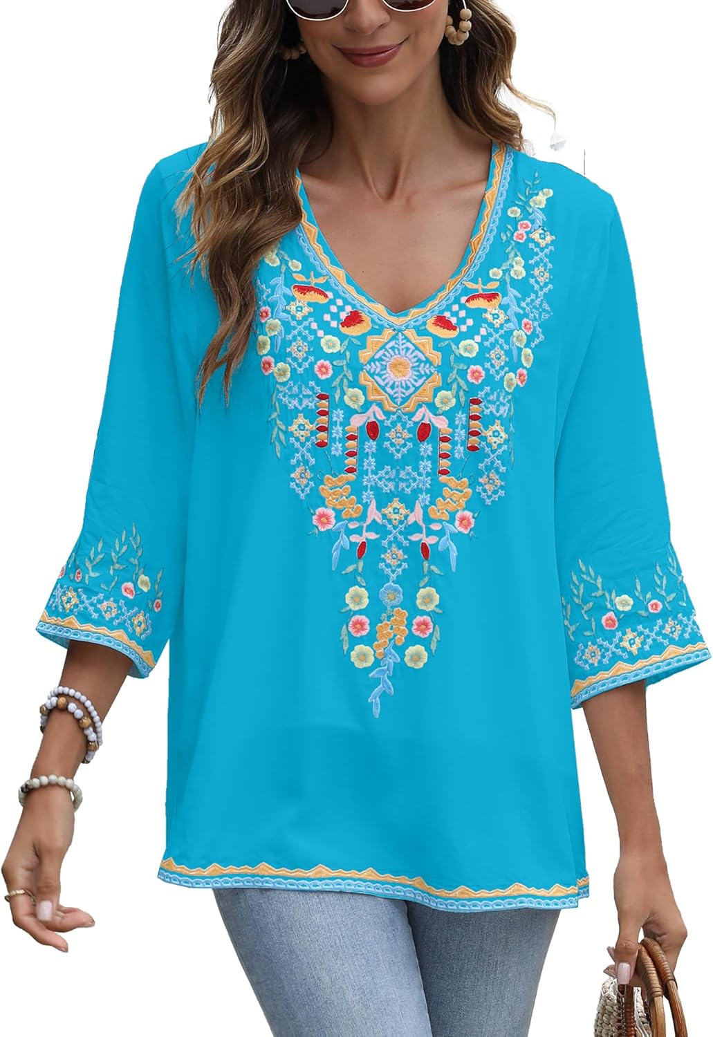 Mexican Embroidered Shirts for Women Bohemian Tops Peasant 3/4 Sleeve V Neck Shirt Tunic Blouses - Image 5