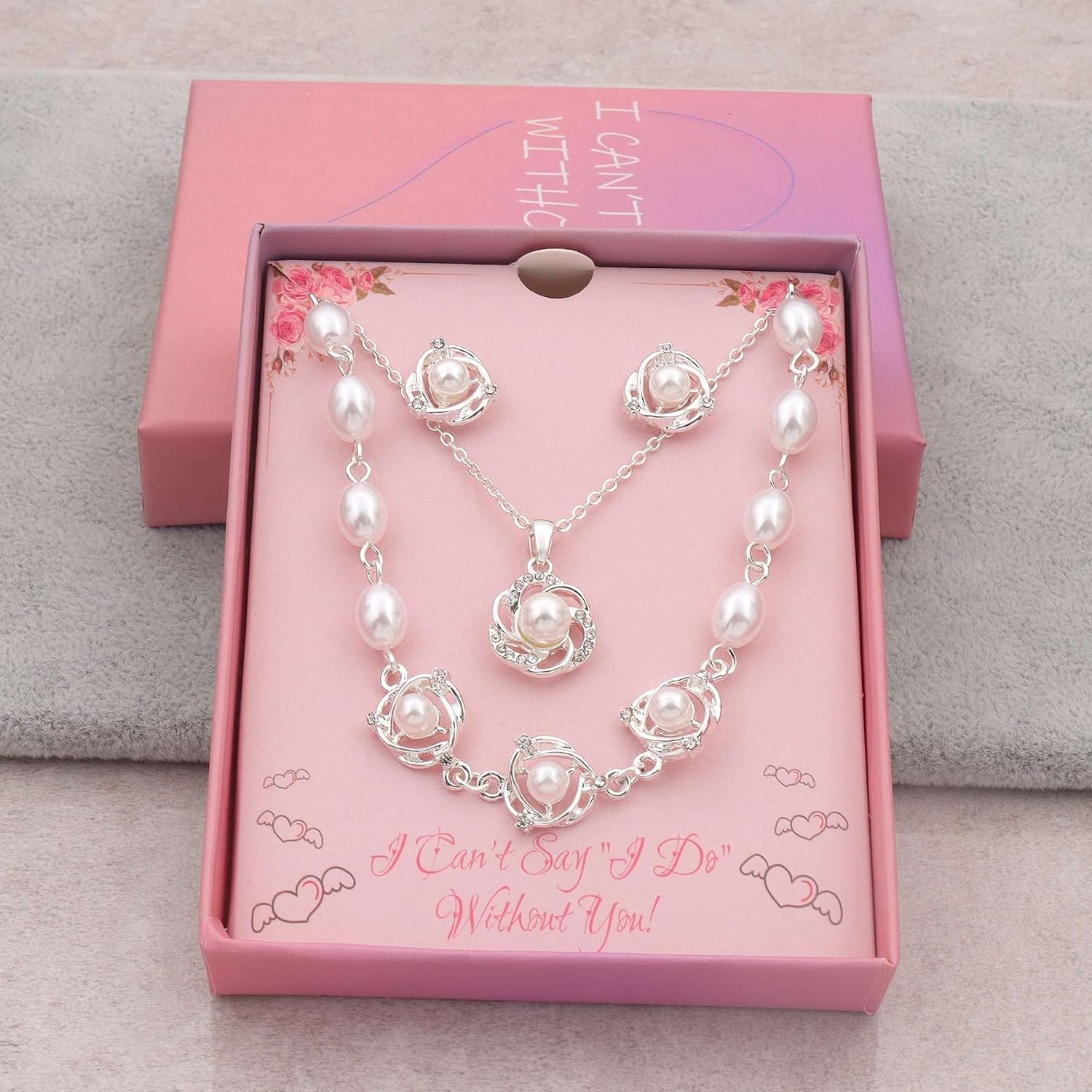 Bridesmaid Jewelry Set for Women 18K Gold & Silver & Rose Gold Plated Love Knot Pendant with Pearl Necklace Earrings Bracelet Set for Wedding/Proposal/Party/Prom Gift