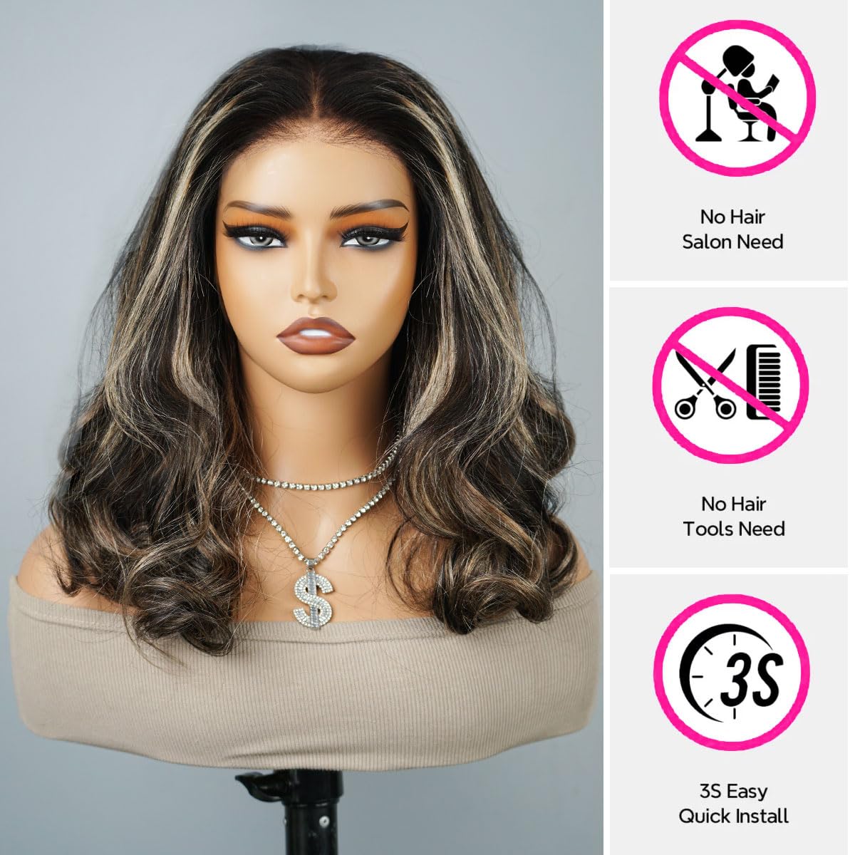 RECOOL Highlight Wear and Go Glueless Wigs Human Hair Pre Plucked Pre Cut 6×5 Ombre Loose Body Wave HD Lace Closure Wigs Human Hair for Black Women Pre Bleached Knots 180% Density 16inch