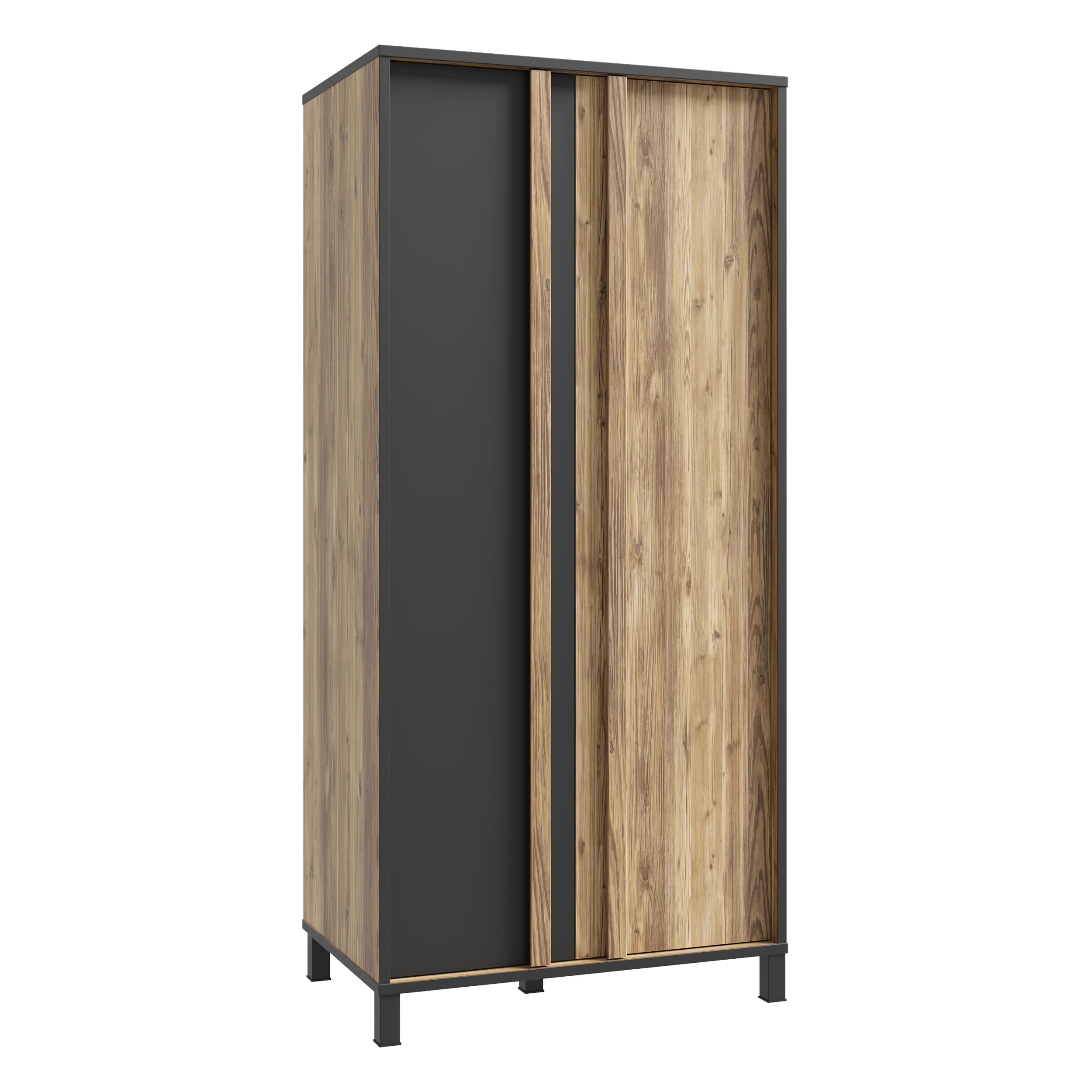 Forte HAYATO Kleiderschrank 90, Moderner Schrank mit Zwei Türen und Einlegeboden, Holzwerkstoff, Schwarz mit Alpenfichte Dekor, 89,5 cm breit, 194 cm hoch, 58 cm tief