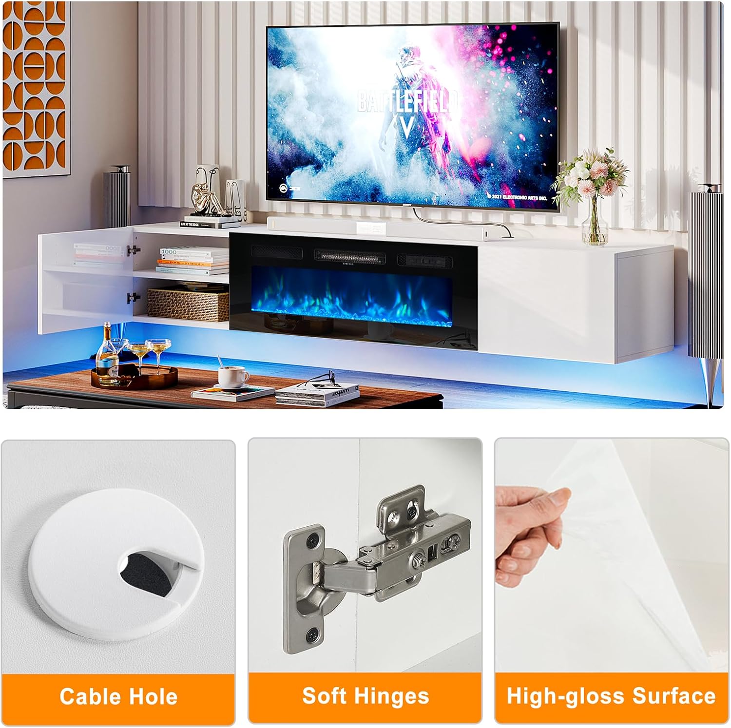 70" Floating Fireplace TV Stand, White Entertainment Center & Black Electric Fireplace, High Gloss Doors, Floating TV Console Wall Mounted, Suitable for TVs up to 80 Inches