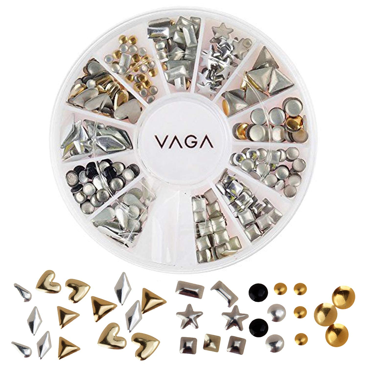 VAGA Professional Manicure 3d Nail Art Decorations For Nail Art Supplies This Wheel Includes Gold And Silver Metal Studs In 12 Different Shapes, the Perfect Nail Jewelry and Decorations