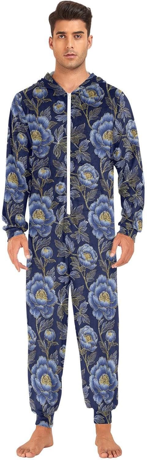 ZZKKO Vintage Blue Gold Floral Adult Onesie Pajamas for Women Men Cozy One Piece Pajamas Costume Zip-Up Hooded S-XL