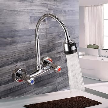Adjustable Kitchen Faucet Wall Mounted Two Handle Chrome High Pressure Extendable Stainless Steel Single Lever Sink Arc Mixer Tap Mount Brushed Nickel Double Cross Commercial 360° Rotation tap