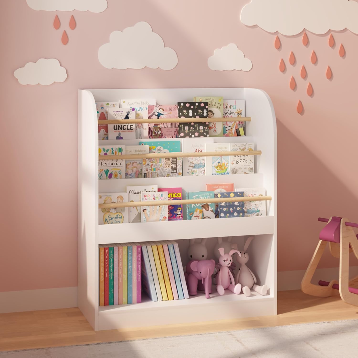 Front-Facing Kids Bookshelf, Multi-Tier Children’s Bookcase with Open Storage, Wooden Book Display & Toy Organizer for Toddlers, Perfect for Playroom, Nursery, Bedroom or Classroom in White