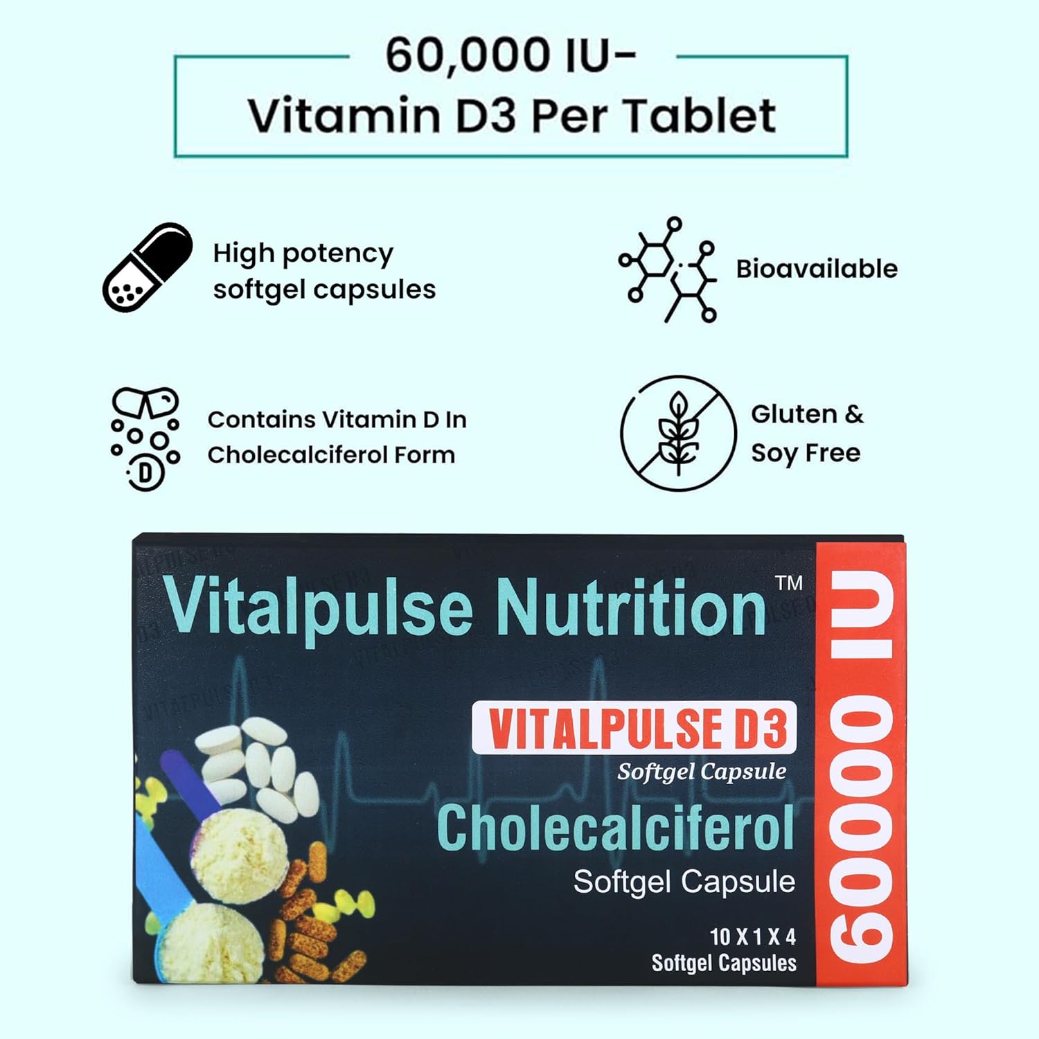 Vitalpulse Nutrition Vitamin D3 60000 IU Colecalciferol Softgel Capsule | Gluten and soy free, high bioavailability | 40 capsules (pack of 2) | Bone and immune health Vitalpulse Nutrition Vitamin D3 60000 IU Colecalciferol Softgel Capsule | Gluten and soy free, high bioavailability | 40 capsules (pack of 2) | Bone and immune health