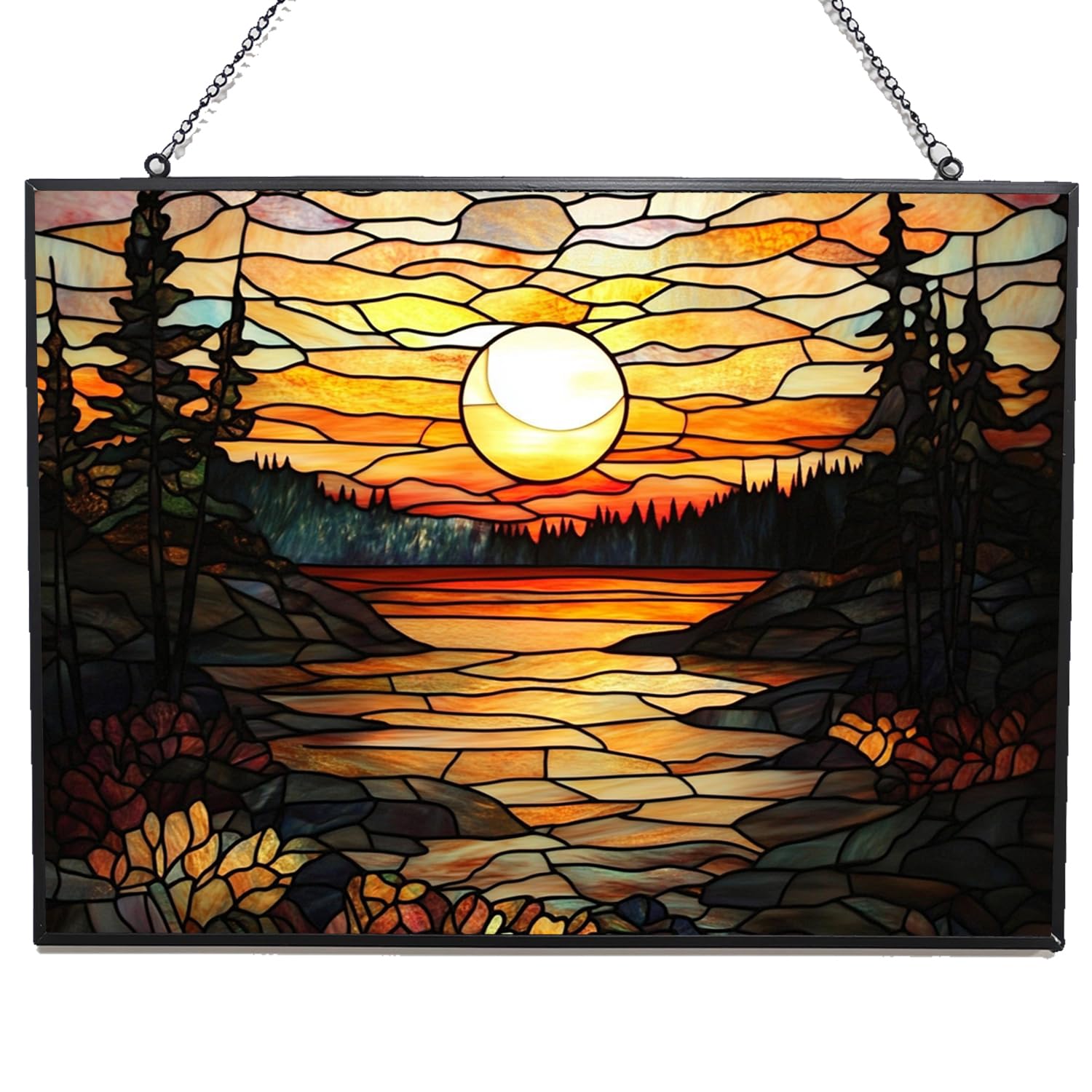 365CUSGIFTS Customized Rectangle Vintage Sunset in The Forest Stained Glass Window Hanging, Suncatcher for Women, Stained Glass Window Decor Perfect Home Décor