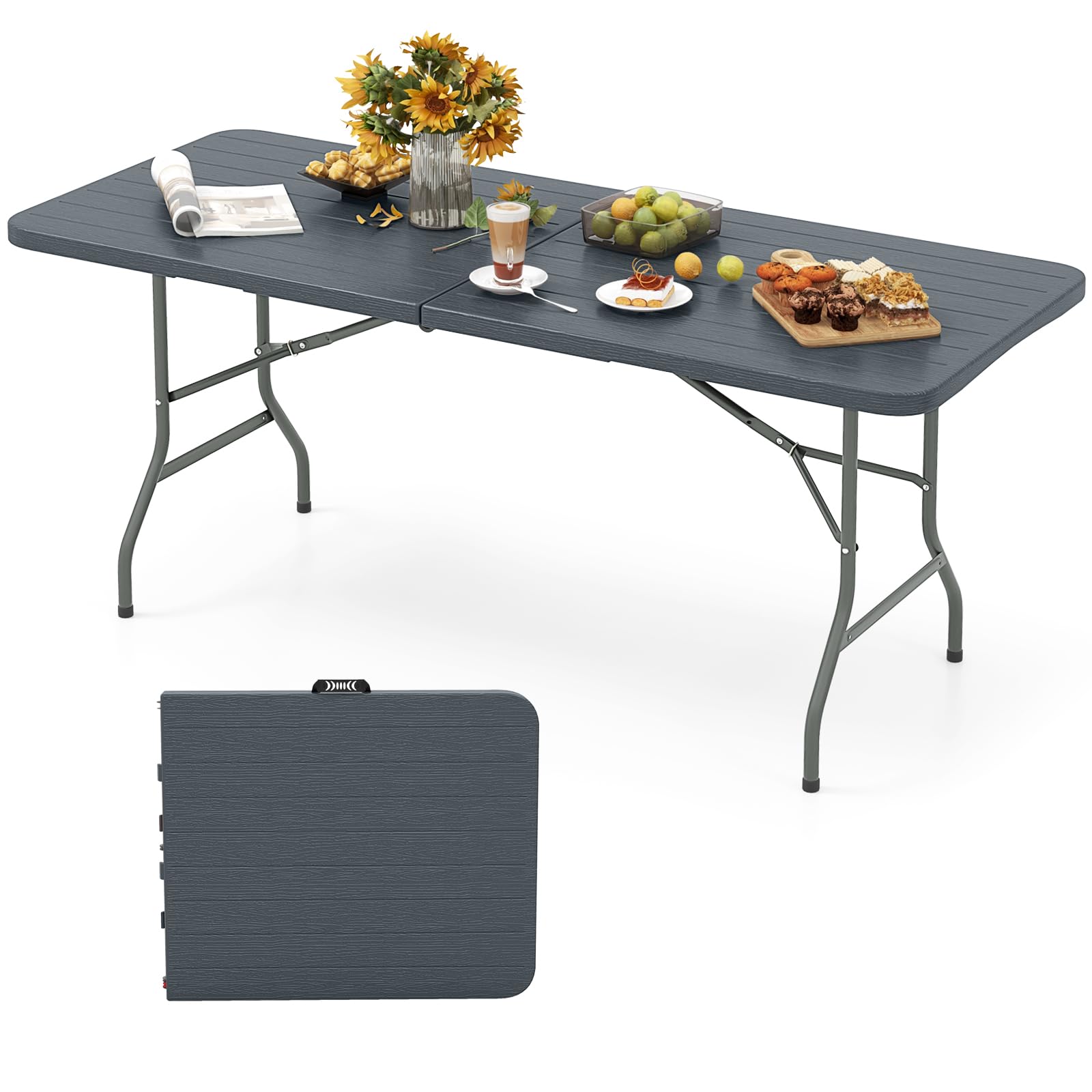 KOMFOTTEU Tavolo Pieghevole in HDPE e Metallo, Tavolo Campeggio Portatile con Maniglia di Trasporto, Tavolo Picnic Salvaspazio per Giardino, Esterno, Carico 160 kg, 180 x 74 x 75 cm (Grigio II)