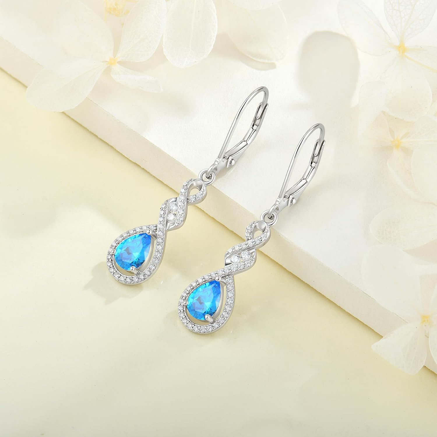 Women 925 Sterling Silver Twist Infinity Teardrop Necklace Earrings 5A Cubic Zirconia Blue March Birthstone Aquamarine Color Jewelry Set
