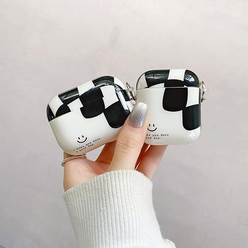 Miniatura 3 de BONICI Funda protectora para AirPods 12, creativo y elegante, arte blanco y negro, cuadrícula a cuadros, cara sonriente, silicona suave, goma TPU,