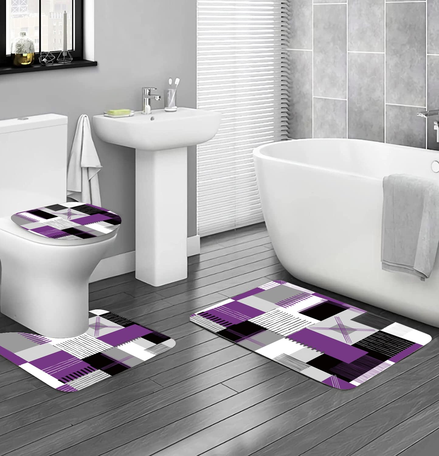 NTETSN Purple Rose Shower Curtain Set - 4 Pc With Rugs, Mat & Lid Cover, 72x72 Inches - View #2