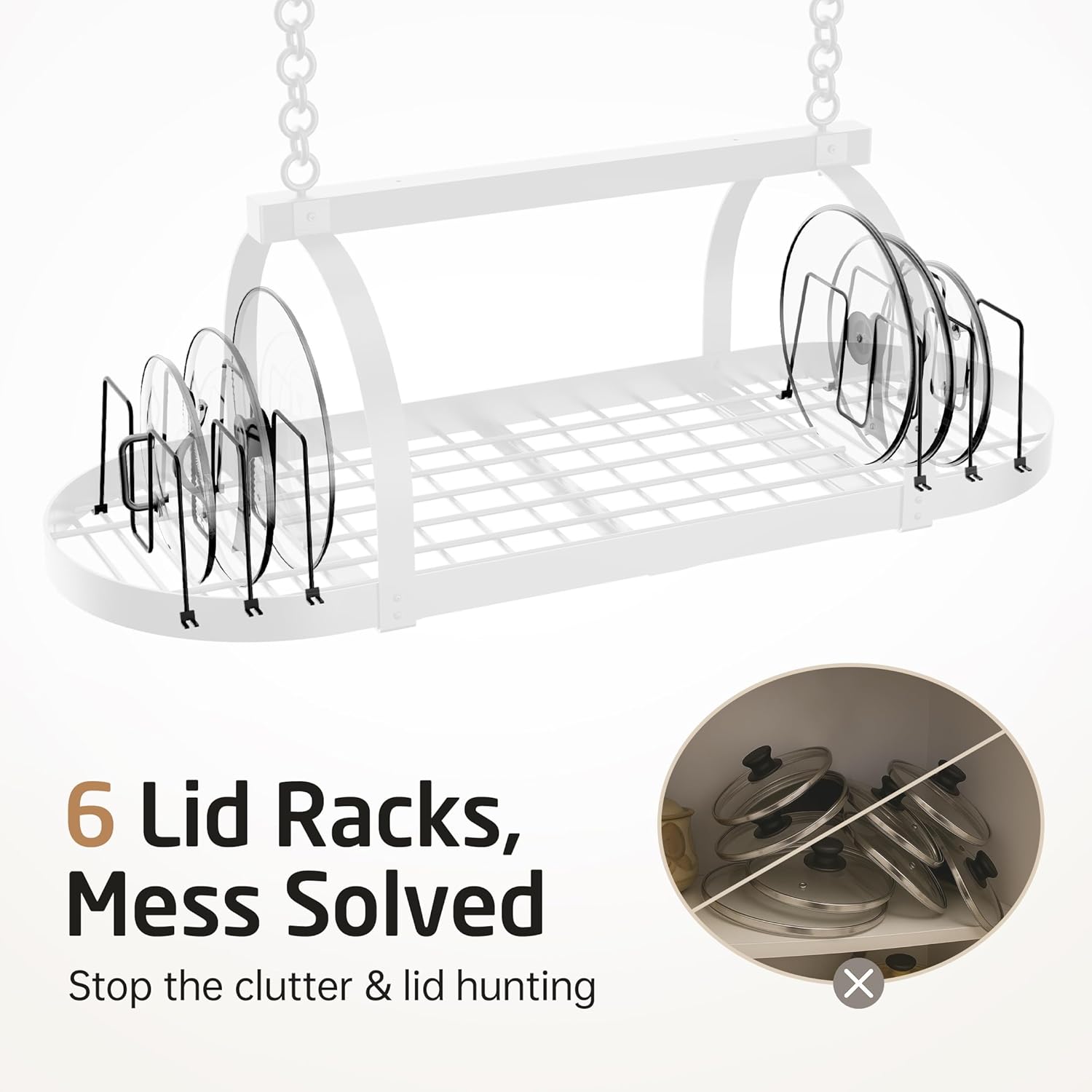 KES 48 Inch Large Ceiling Pot Rack with Lid Organizer, Oval Heavy Duty Hanging Pot Rack Ceiling Mount for Kitchen Over Island, Cast Iron Pan Hanger with 20 Hooks, 16" & 24" Joist Mount, Matte Black