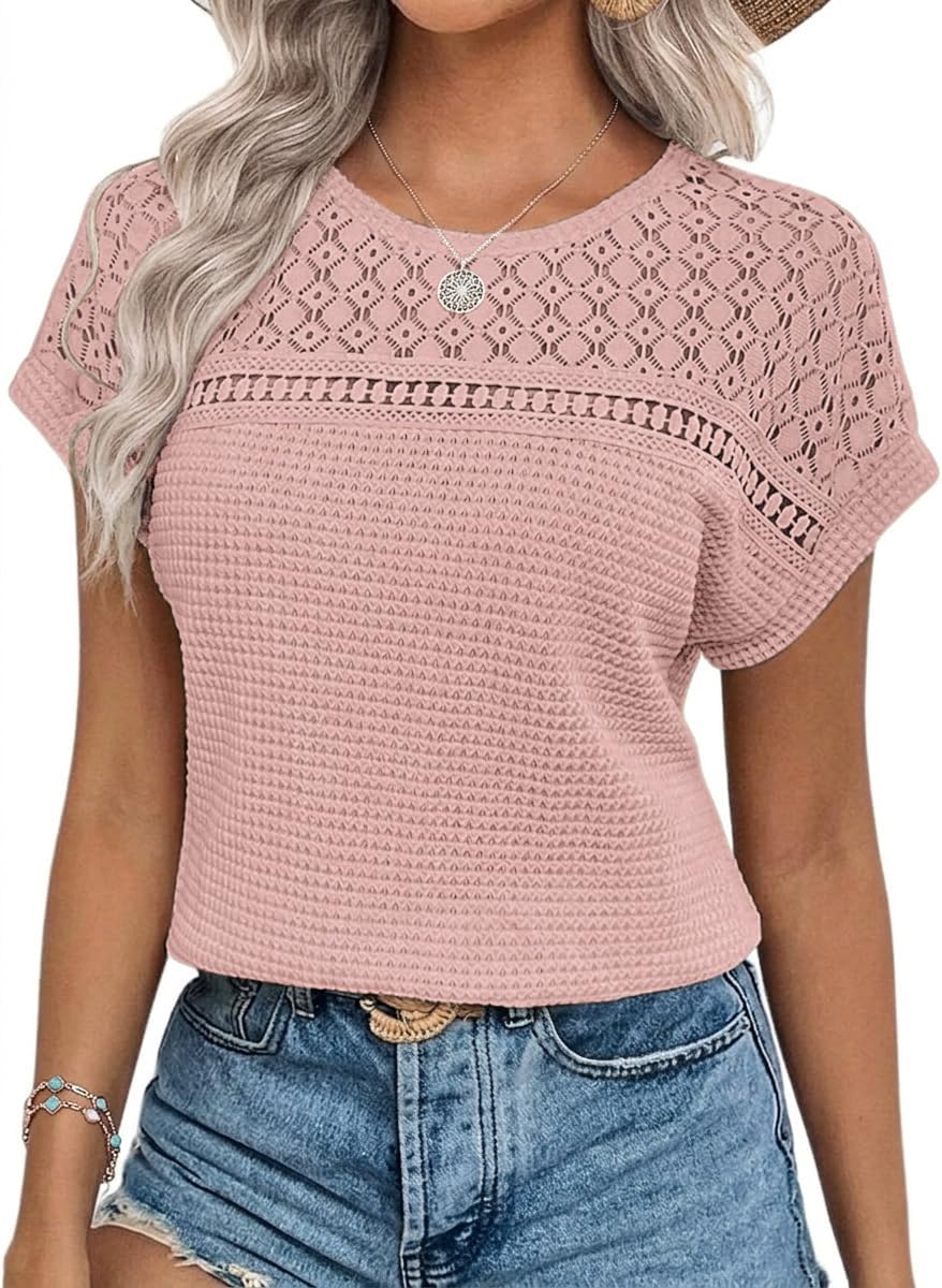 Chicrise Bluse Damen Elegant Kurzarm Spitzen Oberteile Häkel Rundhals Tshirt Sommer