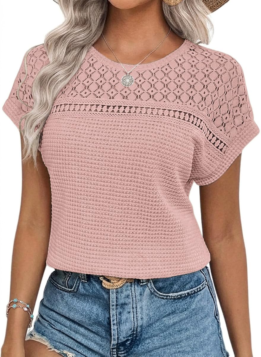 Chicrise Bluse Damen Elegant Kurzarm Spitzen Oberteile Häkel Tshirt Sommer | Sommer,Spitze,Kurzarm,Elegant,Waffelstrick,Häkel,Hollow Out,Rundhals,Lässig,Leicht,Einfarbig,Luftig