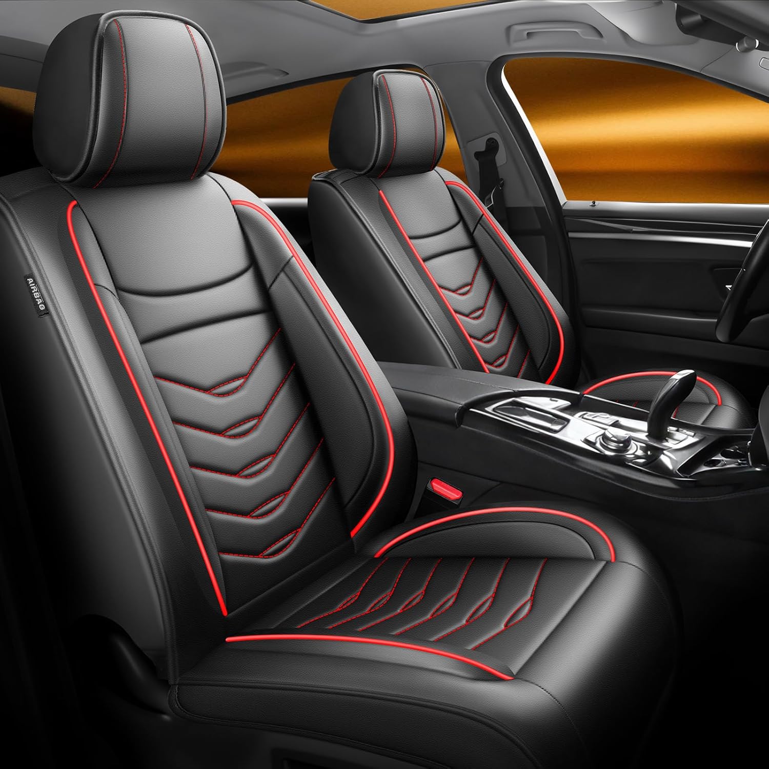Fit Jetta Car Seat Covers Compatible with Volkswagen/VW Jetta 2008-2025 2026.Full Coverage Waterproof Leather,Compatible with Airbag,All - Weather Seat Cushion Protector(Full Set,Black+Red)