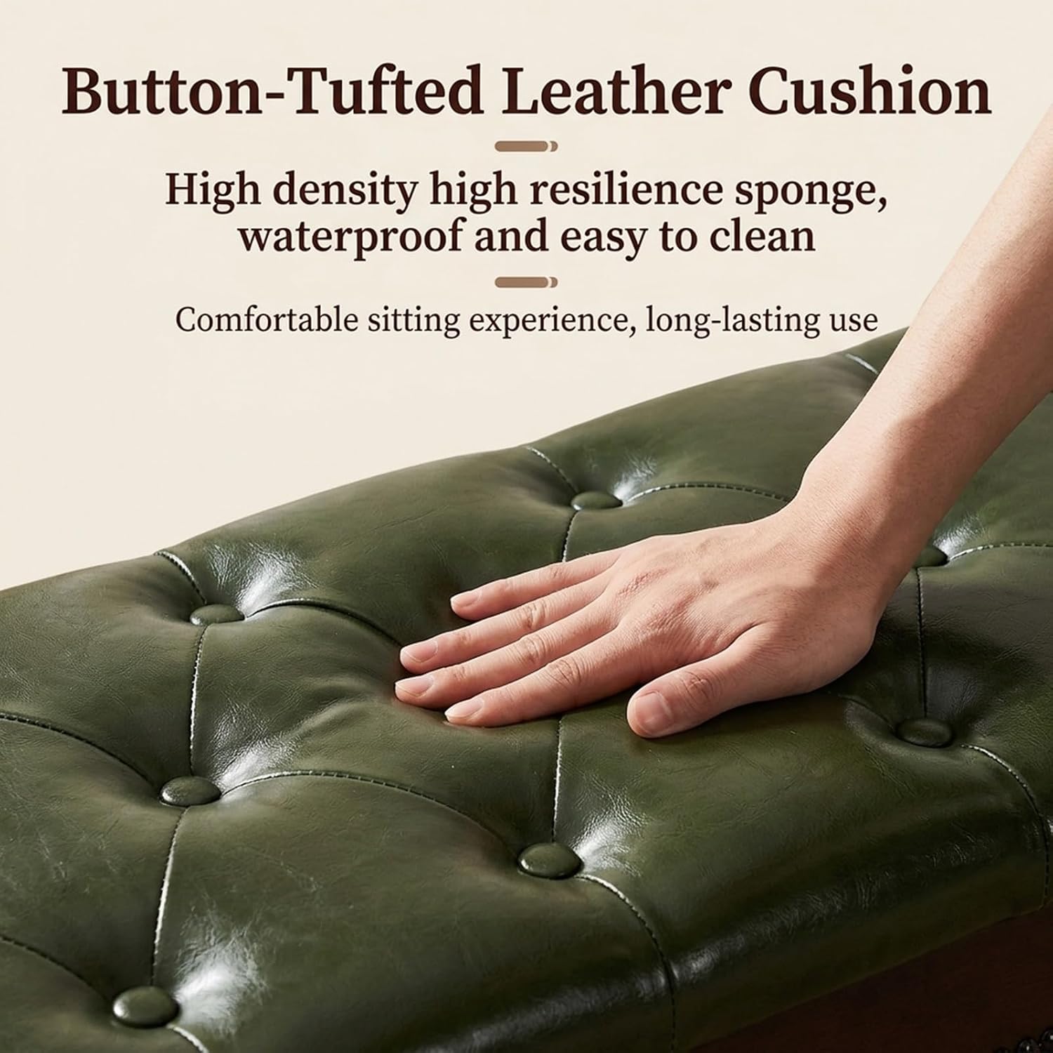 End of Bed Storage Bench with Shoe Rack, Vintage Upholstered Faux Leather Ottoman Bench for Bedroom, Solid Wood Entryway Bench for Hallway, Breathable(Green,31.5 * 13.8 * 18.9in)