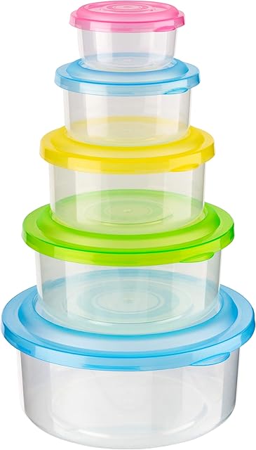 Homeshopa Food Storage Container, Set Of 5 Round Reusable Plastic Food Containers with Lids, Airtight Stackable Leak Proof Kitchen & Pantry Containers, Microwave Freezer Dishwasher Safe Lunch Boxes