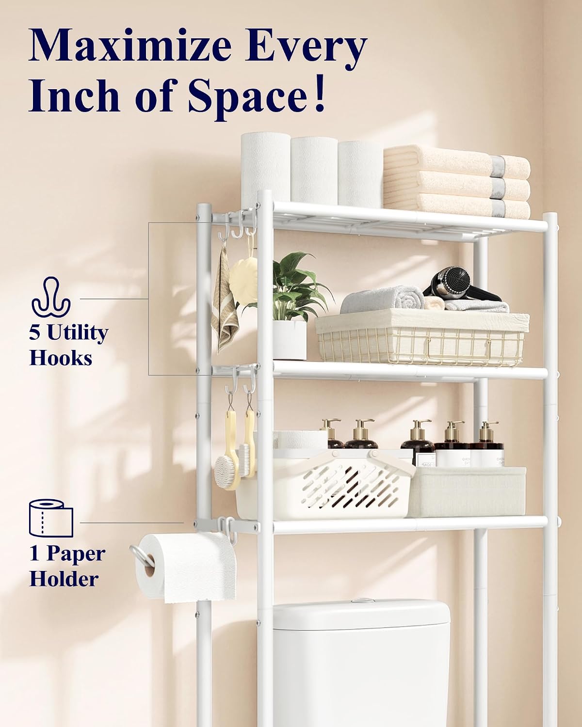 Kitsure Over Toilet Storage Rack, Sturdy Metal, 3 Tier Shelves, 60.6" H
