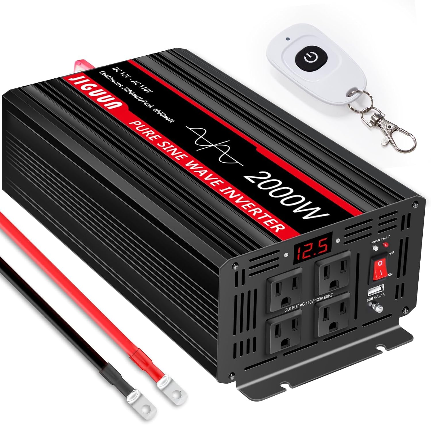 JIGUUN 4000W Peak Pure Sine Wave Power Inverter 2000 Watt,12v DC to 110/120v AC Inverter 3 AC & USB Output,Power Converter LED Display for Home RV Camping Outdoor Car Truck