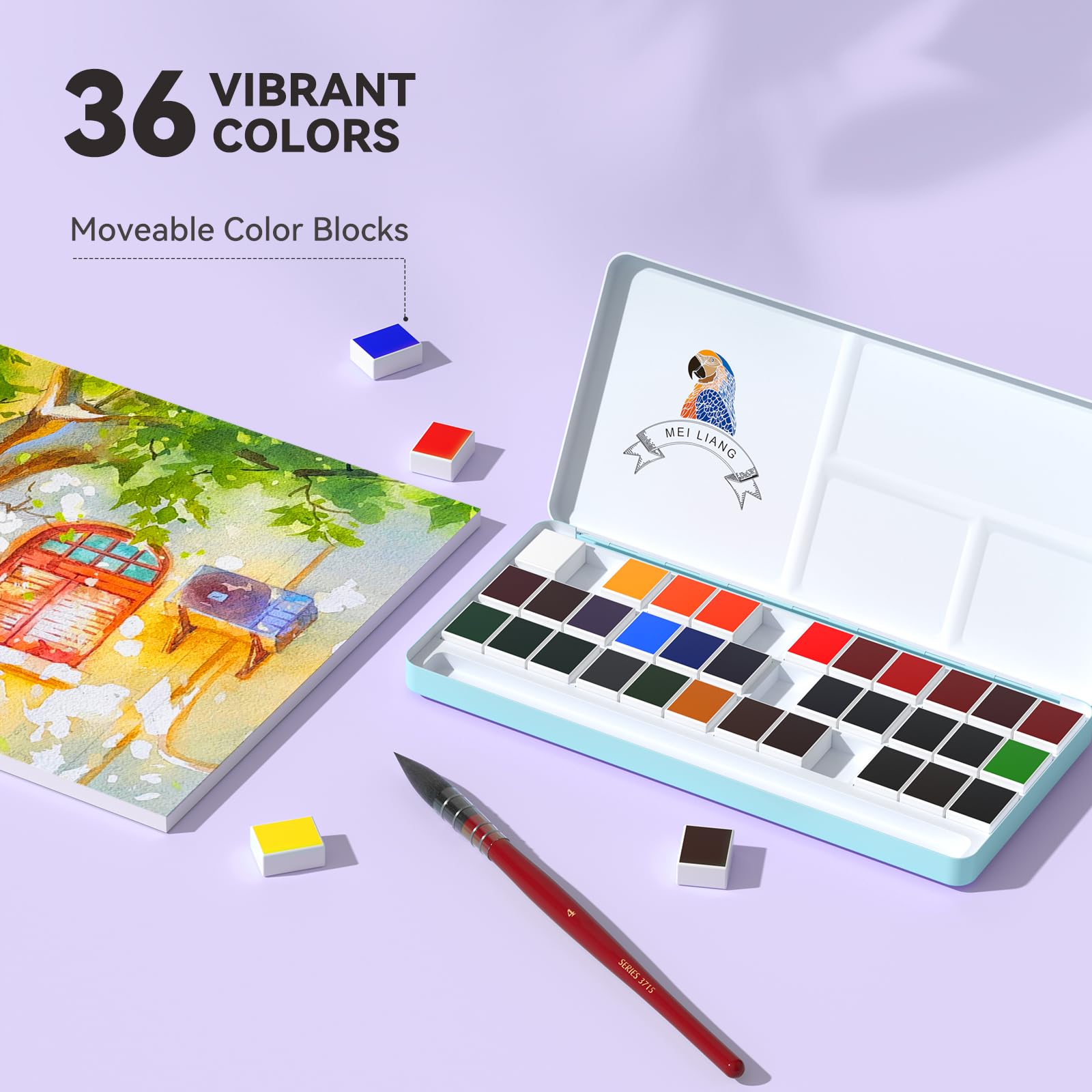 Ensemble de peinture aquarelle de voyage comprenant 36 couleurs aquarelles unies + papier aquarelle 50 % coton de 19,1 x 19,1 cm (20 feuilles) + 1 pinceau aquarelle + organiseur de poche