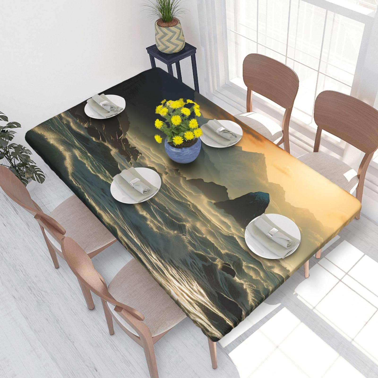 Mountains Meet The Sea Waterproof Square Table Cover Elastic Fitted Tablecloth Oil Proof Table Protector For 4ft Table