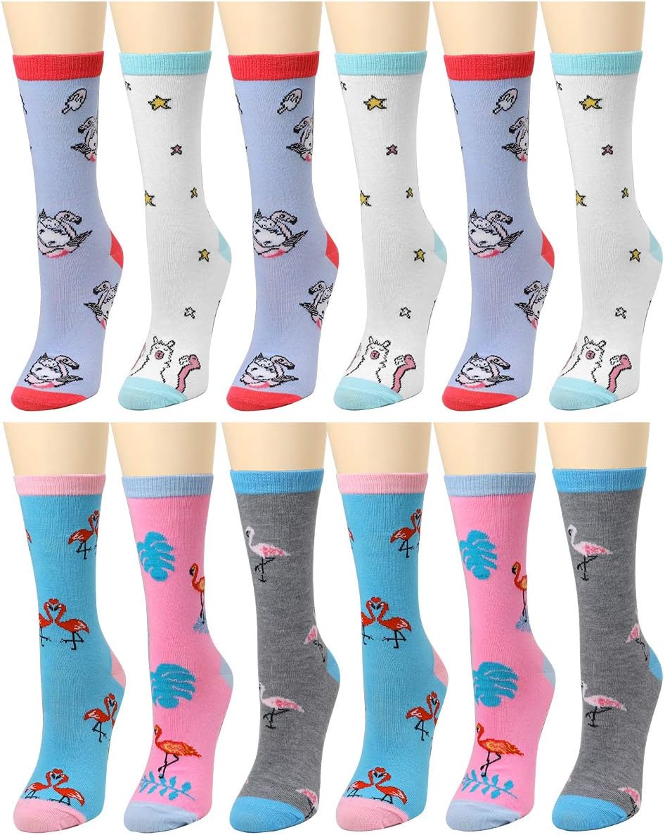 12 Pairs Women's Cotton Crew Socks Assorted Colors (Flamingo & Uni