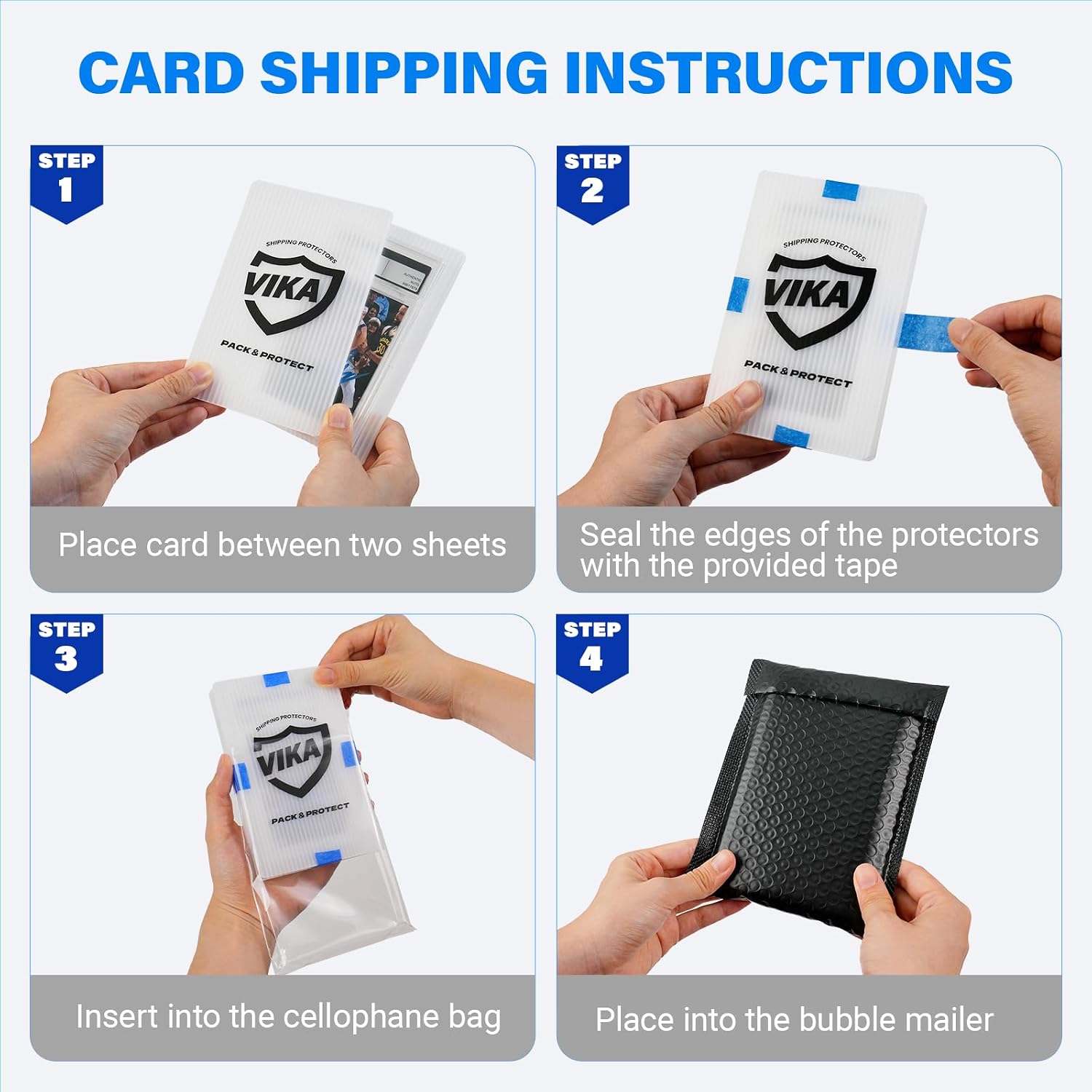 Trading Card Shipping Kit - 100 Pcs 4''x6'' Trading Card Shipping Protectors, 50 Pcs 6''x8.7'' Envelope Bubble Mailers, 20M Painter’s Tape, 50 Cellophane Bags, Fits PSA/BGS/CGC Slabs, Raw Cards