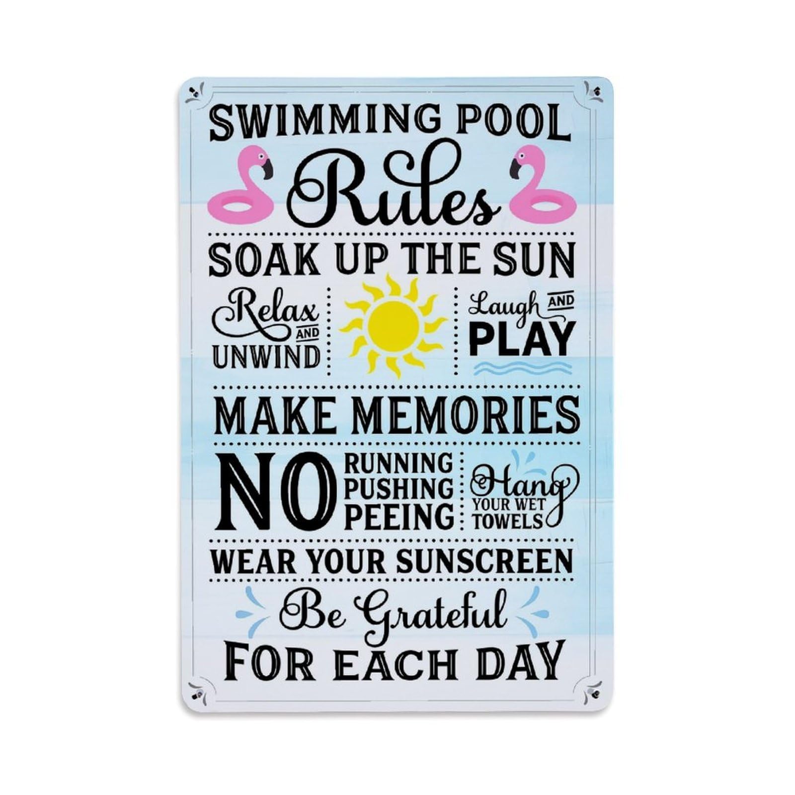 Jdyaojiesheng Vintage Swimming Pool Rules Flamingo Sun Tin Sign Retro Metal Wall Decor Metal Poster, Home Bar Garage Farmhouse Cafe Wall Art Decoration 8X12inches