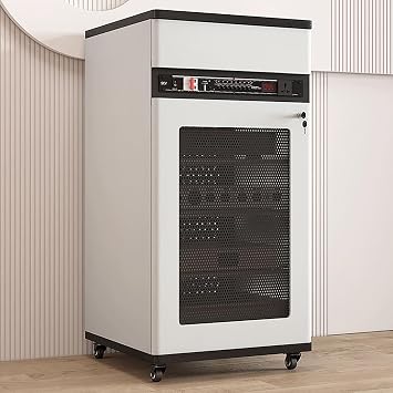 Media Storage Cabinet, Stereo Cabinet with Drawer and Door Lock, Movable Video Media Stands with Cable Hole, Adjustable Shelves Entertainment TV StandWhite,52x55x108CM