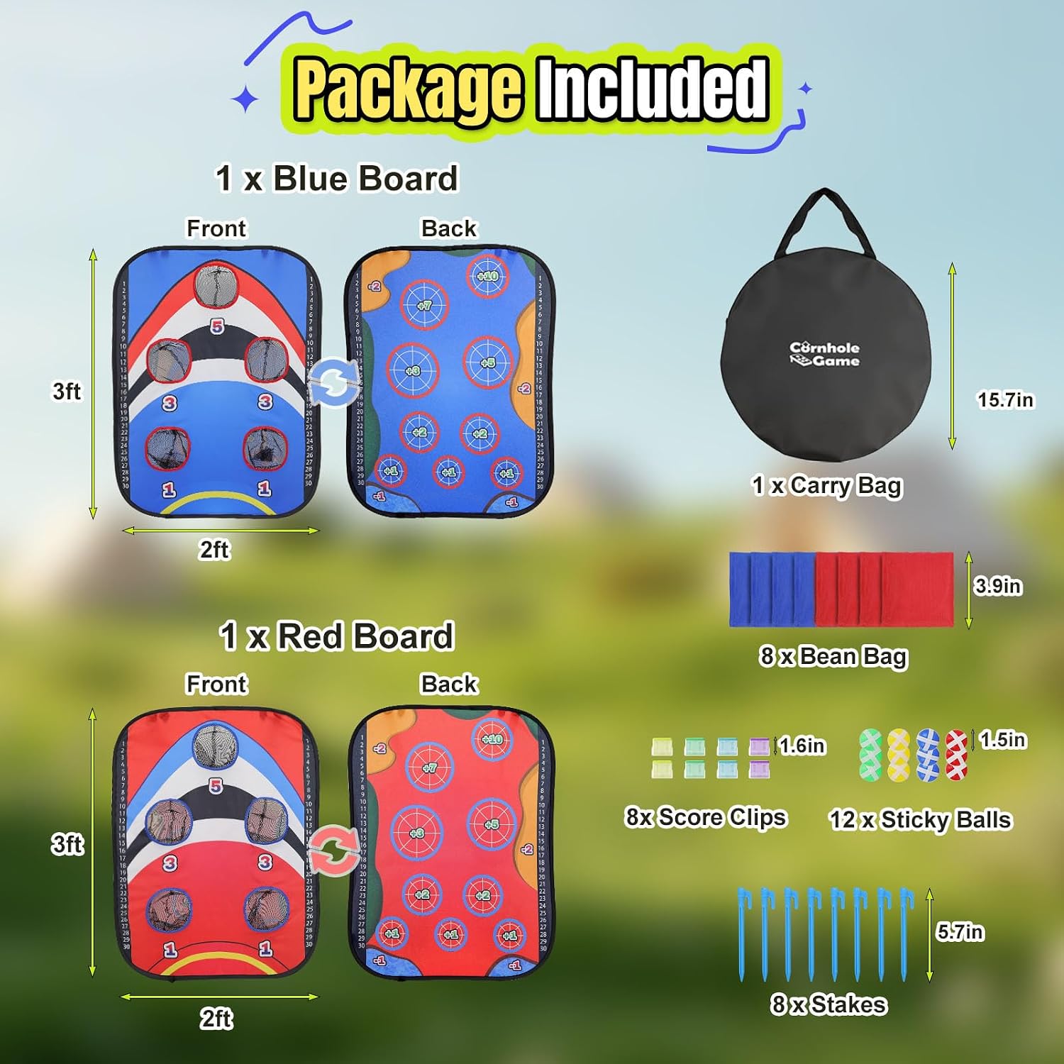 ROSE ME Corn Hole Boards Set, Double Sided, Portable, 3x2 ft, with 5 Holes | Lightweight, Collapsible, 8 Bean Bags, 12 Sticky Balls, Free Carry Case, Adults Outdoor Toss Games for Yard Lawn Beach Indoor