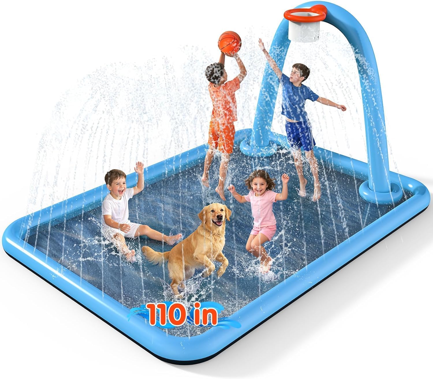 Instraella Splash Pad, 110x91'' 2-in-1 Large Sprinkler Mat with Basketball Hoop and Arch for Kids Outdoor Play, Shoot Game for Backyard, Inflatable Water Outdoor Toys More Fun for Boys and Girls