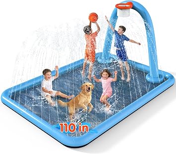 Instraella Splash Pad, 110x91 2-in-1 Large Sprinkler Mat with Basketball Hoop and Arch for Kids Outdoor Play, Shoot Game for Backyard, Inflatable Water Outdoor Toys More Fun for Boys and Girls