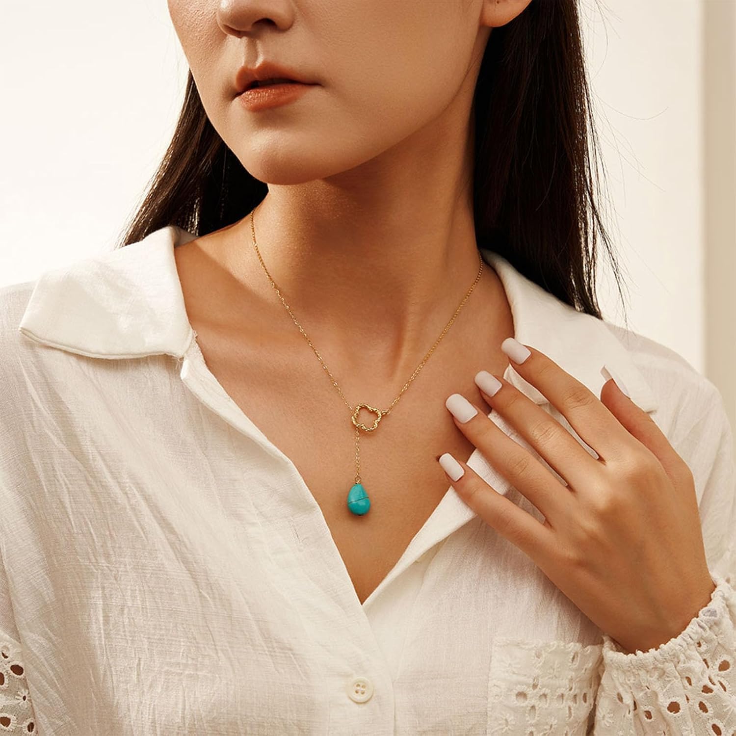 Colloca Turquoise Y-Necklace for Women, Four Leaf Clover Pendant, Boho Dainty Jewelry, Gift Box Included