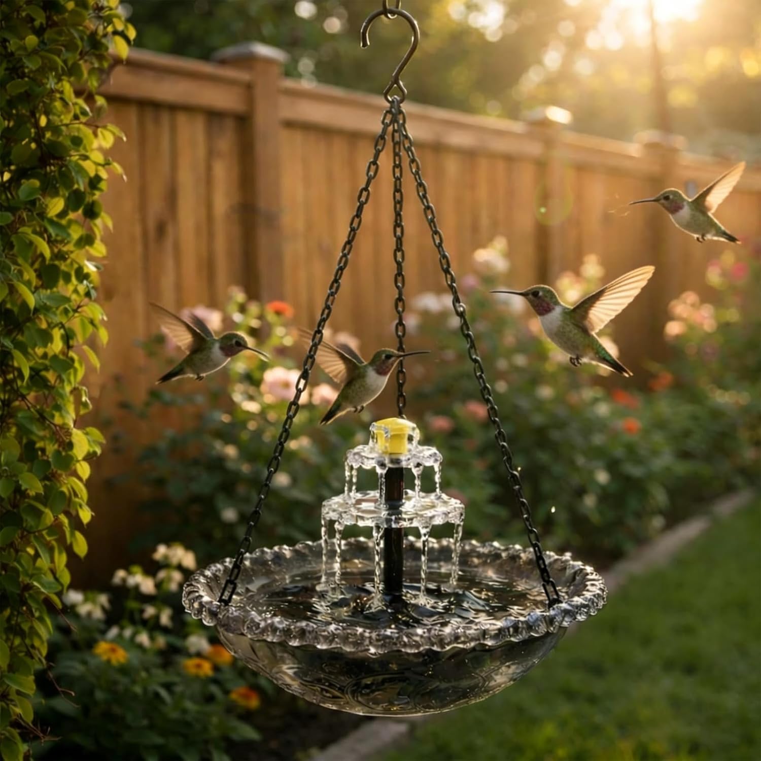 Solar Cascade Hanging Bird Bath Fountain, Hanging Bird Bath with Solar Fountain & Glass Bowl, Birdbath Attracts Hummingbirds & Garden Birds for Outdoors Garden Patio Backyard Lawn Decor (Blue)