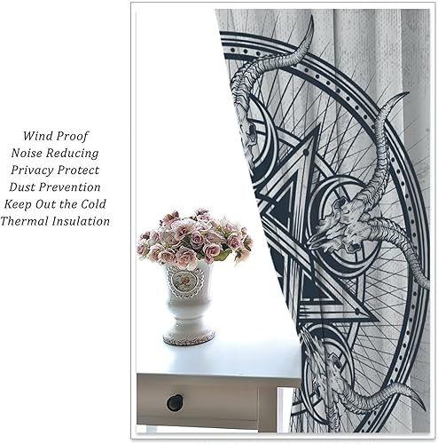 Vista 341 de Cortinas de cabeza de cabra, misteriosa cabeza de cabra malvada, calavera negra, bolsillo para barra, cortinas opacas para ventana, juego de 2